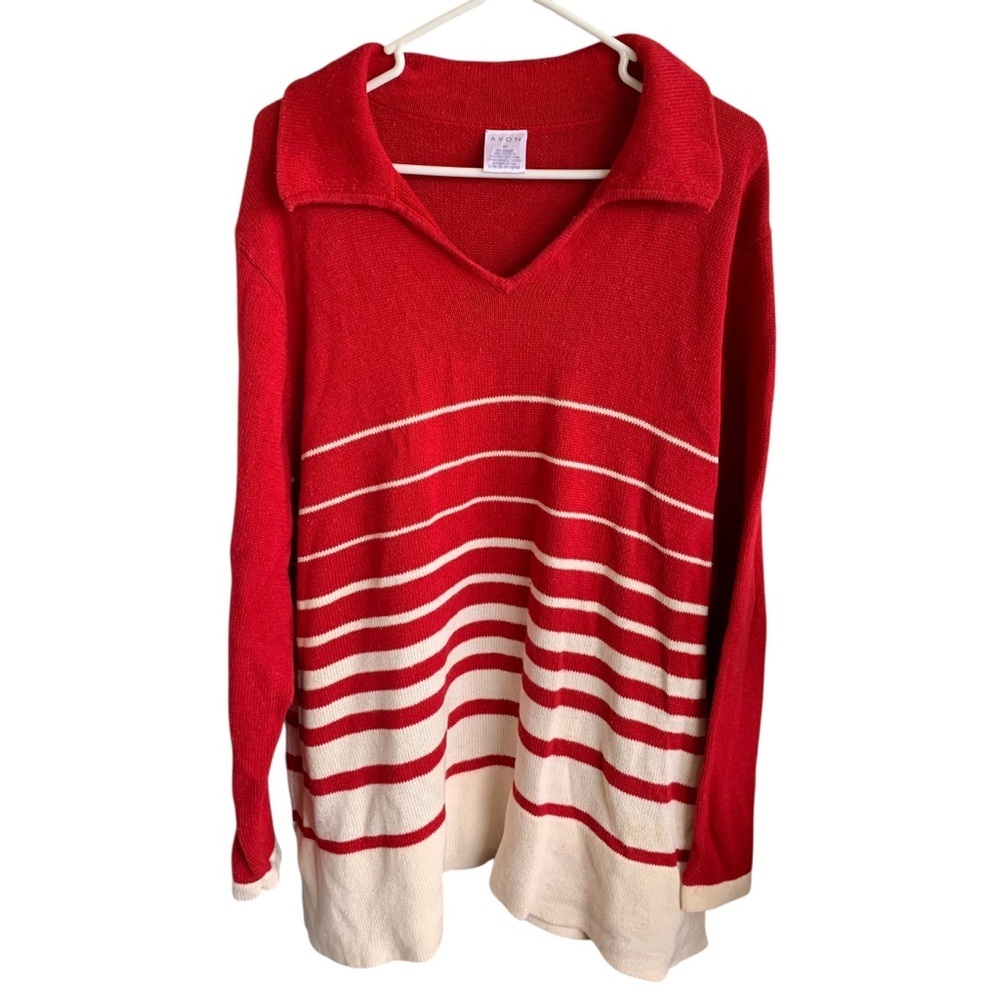 Avon Women's V-Neck Sweater Red Cream Size 3X